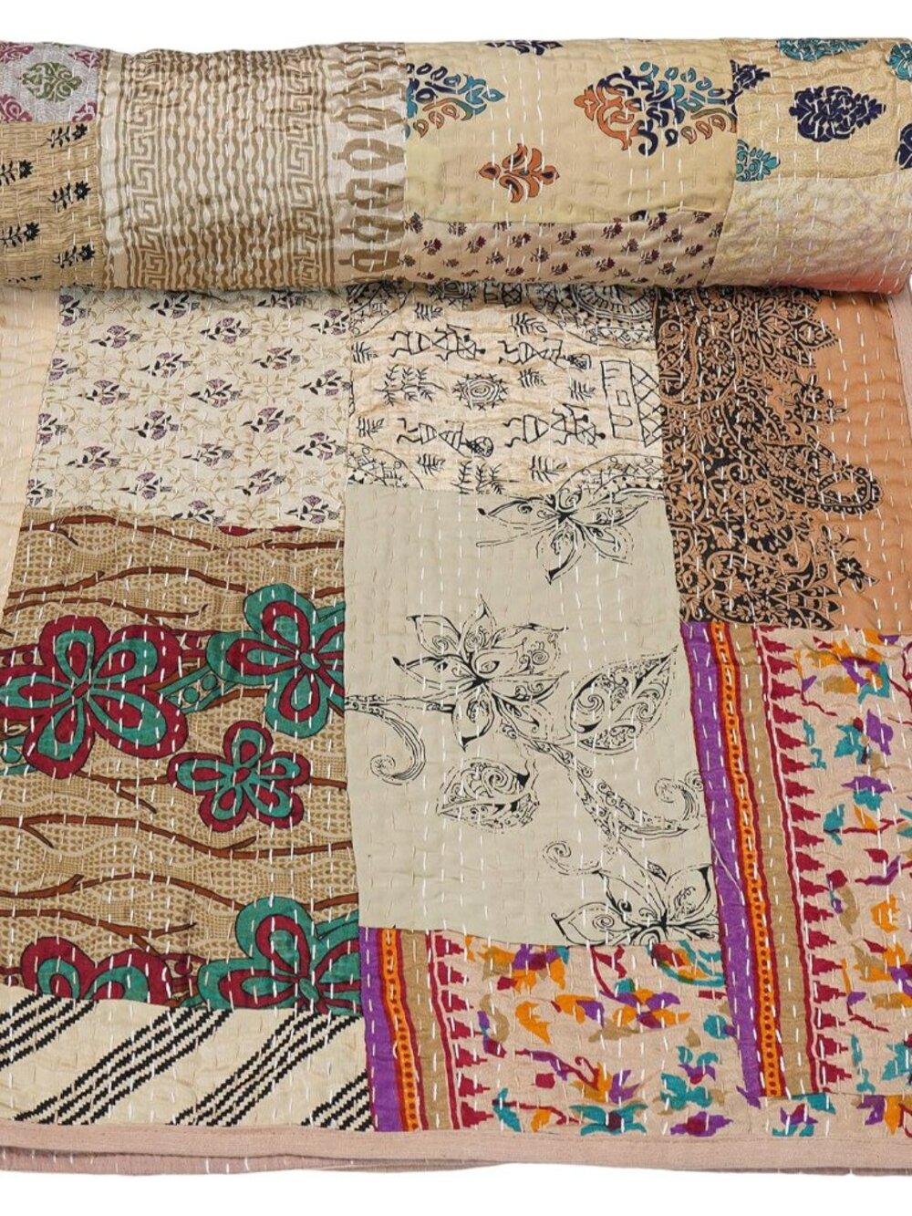 Quilts Indian Handmade Pure Cotton Blanket, Indian Silk Sari Patchwork, Reversib
